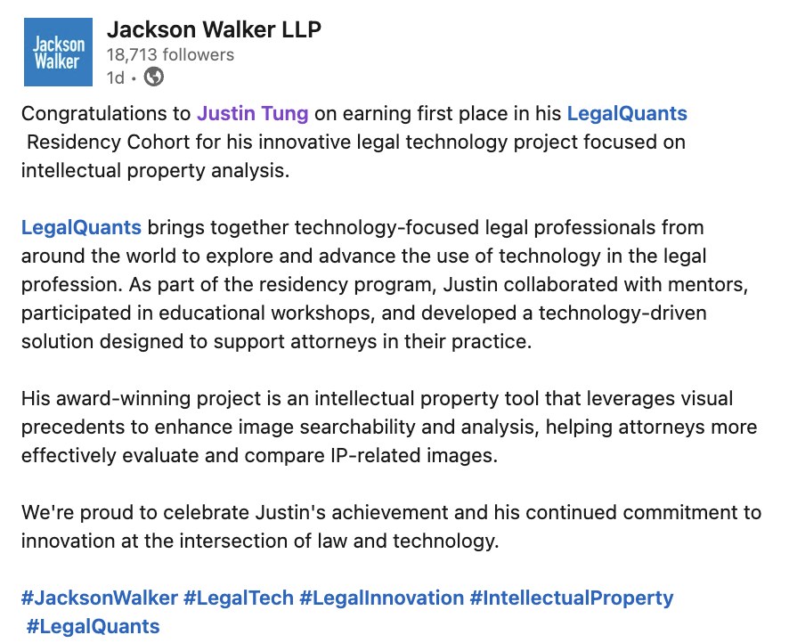 LinkedIn post by Jackson Walker LLP, on Justin Tung